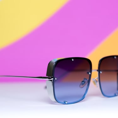 Retro Square Silver Framed Blue Lens Sunglasses 