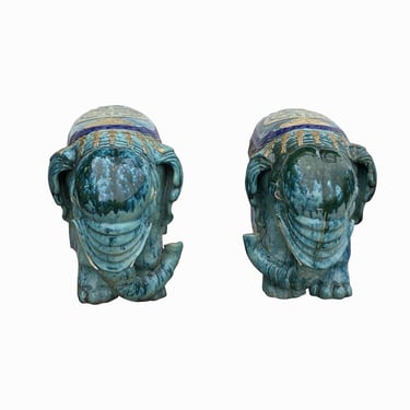 Pair Vintage Ceramic Handmade Chinese Turquoise Blue Elephant Figures cs7772E 