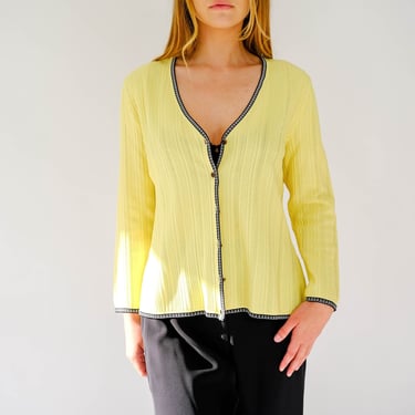 Vintage Escada Daffodil Yellow Textured Knit Cardigan w/ Geometric Pattern Trim & Logo Buttons | Preppy, Tennis | 1990s Y2K Designer Sweater 