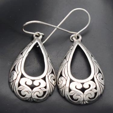 70's Byzantine sterling curved teardrop dangles, big open work 925 silver boho ribbon earrings 