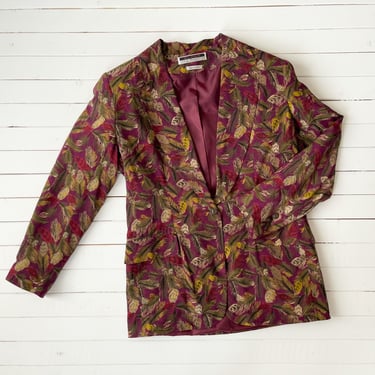 dark academia jacket | 80s 90s vintage Anne Pinkerton burgundy novelty feather print art to wear silk blazer 