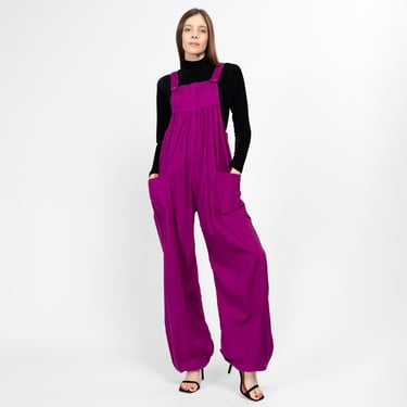 One Size 90s Magenta Balloon Leg Pinafore Jumpsuit | Vintage Maximalist Sleeveless Overall Pantsuit 