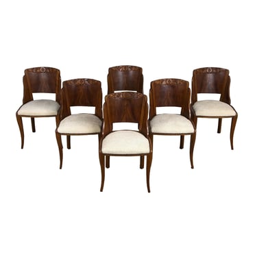 1930s French Art Deco Walnut Gondola Dining Chairs W/ Cream Chenille - Set of 6 