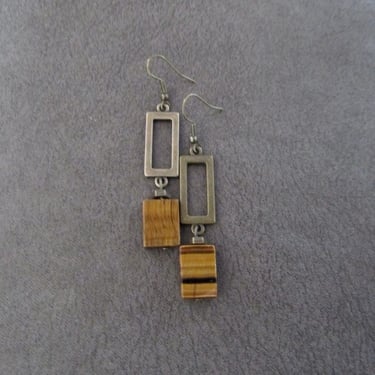 Tiger's eye and bronze rectangle earrings 