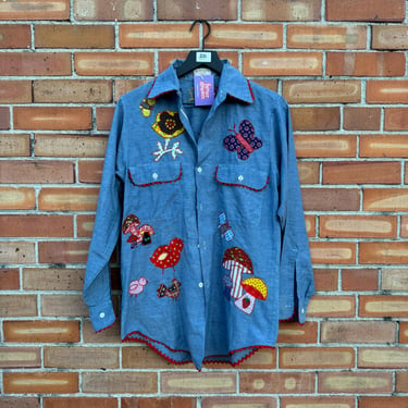 vintage 70s blue patchwork applique embroidered western shirt / s small 