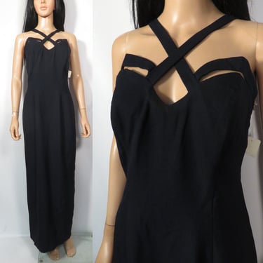 Vintage 90s Deadstock Thierry Mugler Inspired Indecent Exposure Demi Moore Black Cut Out Maxi Dress With Slit Made In USA Size L 11/12 