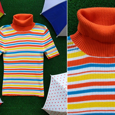 Vintage 90s Orange Blue Yellow Stripe Knit Turtleneck Short Sleeve Top 