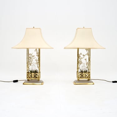 Pair of Vintage French Brass and Opaline Glass Table Lamps by Maison Bagues