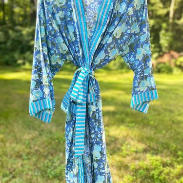Hand Block Printed Cotton Kimono Robe, Lightweight Cotton Bathrobe, Summer Kimono, Wood Block Print, Midi Robe, Blue Watercolor Floral Robe 