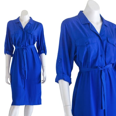 Vintage 1990s Blue Shirt Dress with Belt 