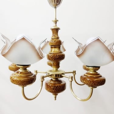 Luxurious Porcelain Chandelier | Ceiling Lamp | Brass and Porcelain | Five Arm Chandelier | Yugoslavia | 70s | 