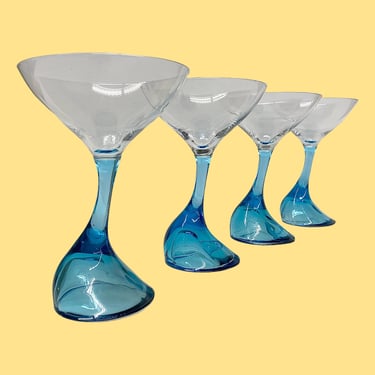 Vintage Martini Glasses Retro 2000s Contemporary + Clear Glass + Blue Stems + Set of 4 + Modern Barware + Drinking 