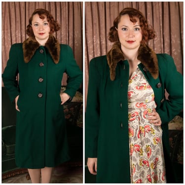 1940s Coat - Smart Vintage 40s Deep Green Coat with Lush Mouton Fur Collar 