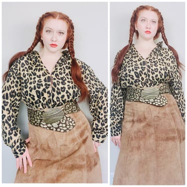 1980s Vintage STUNT Leopard Print Silk Blouse / 80s / Oversized Long Sleeve Button Front Shirt / Size Large 