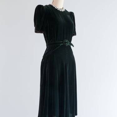 1930's Evergreen Silk Velvet Cocktail Dress / Small
