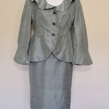 Armani Suit, Vintage 1980s Armani Collezioni, Silk Peplum Suit, M/L Women, Gray Silk Shantung 