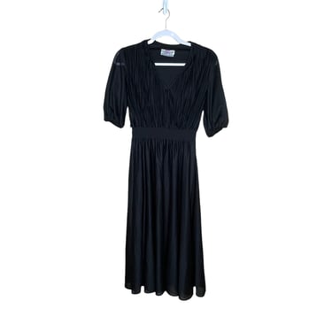 Vintage 70's Samuel Blue Black Sheer Plisse Midi Dress Size 8 