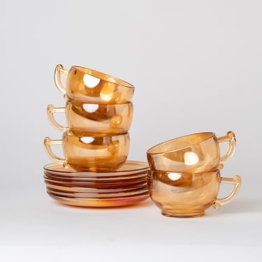 Orange Glass Cup and Saucers - Set of 5 