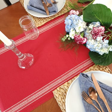 Red Grain Sack Table Runner, 4th of July Table Runner, Farmhouse Christmas Table Runner 