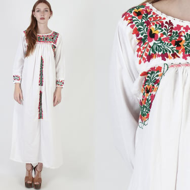 Long Sleeve Oaxacan Dress, White Cotton Mexican Dress, Vintage Womens Hand Embroidered Maxi, Dia De Los Muertos Style Long Dress 