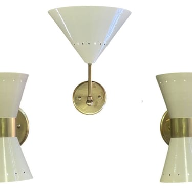 Pair of Italian Midcentury Sconces with Enameled Shades and Matching Pendant