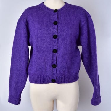 Purple MOHAIR Cardigan Sweater Jacket SOFT Vintage Box Sweater 1980's Velvet Buttons Medium Classic Preppy style 