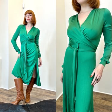 Vintage 1970s Dress / 70s Holly's Harp Jersey Wrap Dress / Green ( XS S ) 
