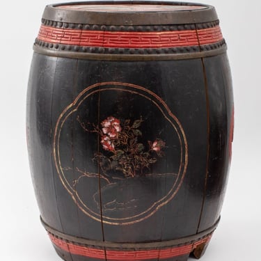 Asian Chinoiserie Hand-Painted Wooden Barrel