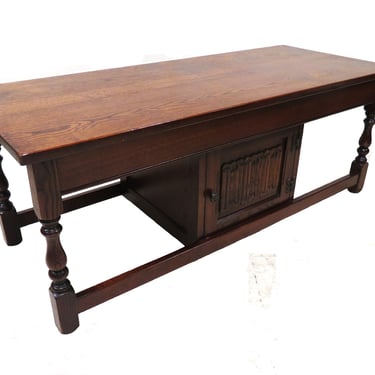 Oak Coffee Table | Vintage English Tiger Oak Linen Fold Coffee Table 