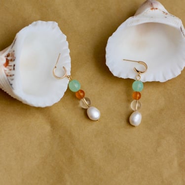 Gold Hoop Beaded Dangle Earrings / Colorful Pearl Earrings / Handmade Jewelry / Summer Jewelry 