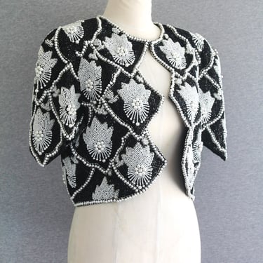 Beaded - Pearl - Bolero - Cropped Cocktail jacket - Wedding Guest - by Black Tie - Oleg Cassini - Marked size 10 