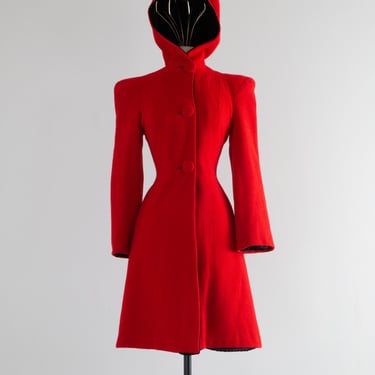 Wicked 1930's Cherry Red Princess Coat With Hood Lined in Velvet / XS