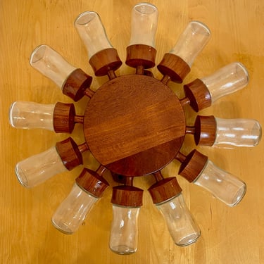 DIGSMED Danish Teak Spice Rack Wheel w 12 Glass Jars  | Midcentury Modern Kitchen Decor 