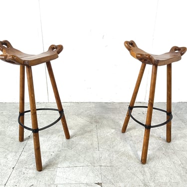 Mid century brutalist bar stools - set of 2, 1960s - vintage wooden bar stools - brutalist stools - oak bar stools - vintage bar stools 