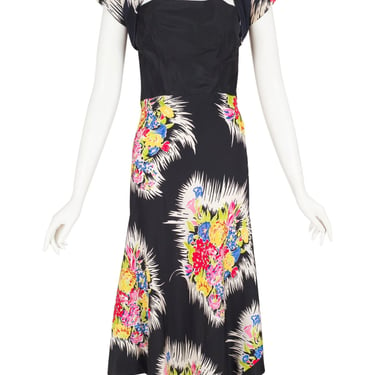 1940s Vintage Floral Black Silk Halter Dress & Shrug Set 