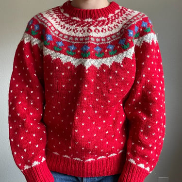 Vintage Deans of Scotland 100% Shetland Wool Red Fair Isle Sweater Sz M 