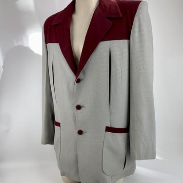 Rare > 1950's ETON HALL Hollywood Jacket - 2-Tone Maroon Gabardine w/ Rayon Check - Vented Chest & Hip Pockets - Satin Lining - Size Medium 