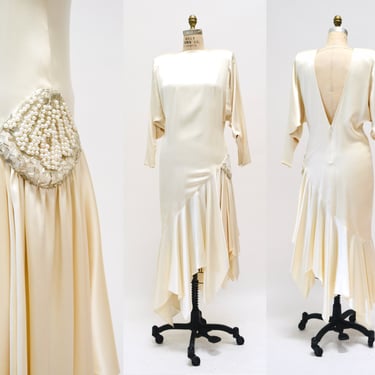 80s does 20s Vintage Dress Silk Cream Size Small Medium// 80s Vintage Silk Flapper Wedding Cream Dress Open Back Beading Dolman Sleeves 