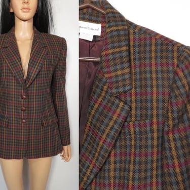 Vintage 80s Fall Tone Plaid Wool Blend 3 Button Blazer Made In USA Size M 