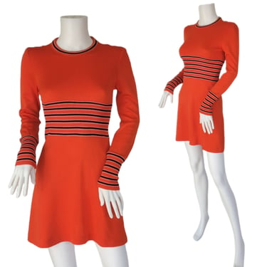 1970's Orange Poly Knit Short Mini Dress I Sz Sm I Blue Ribbed Middle 