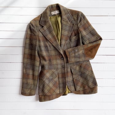 plaid wool jacket | 70s 80s vintage Jones New York brown orange plaid suede elbow patch dark academia nipped waist blazer 