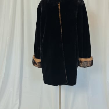 Vintage Black and Brown Faux Fur Coat, Large XL 