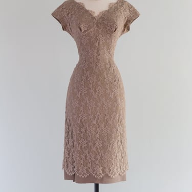 Elegant 1950's Taupe Temptation Lace Cocktail Dress By Jane Andre / Small