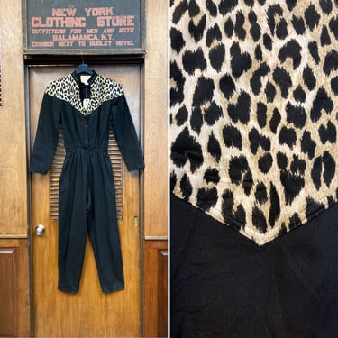 Vintage 1980’s Leopard Print Jet Black New Wave Jumpsuit, 1980’s New Wave, Leopard Print Jumpsuit, Rhinestone Jumpsuit, 80’s Shoulder Pads 