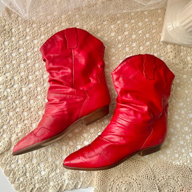 Red Cowgirl Boots, Slouch, Leather, Western Wear Rockabilly, Rocker Cowgirl Chic, Vintage 70s 80s 