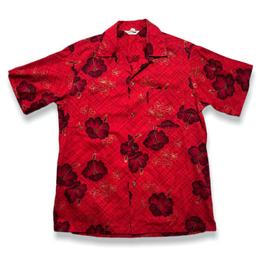 Vintage 1960s MADE IN HAWAII Sport Shirt ~ L ~ Loop / Camp Collar ~ Floral Print ~ Rockabilly / Tiki / Atomic / 