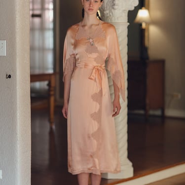 RARE antique 1930s Art Deco trousseau robe peignoir silk lace rosettes 