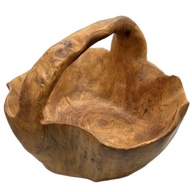 Mid-Century Hand-carved Fir Root Burlwood Hand Basket Fruit Bowl by D'ecco 