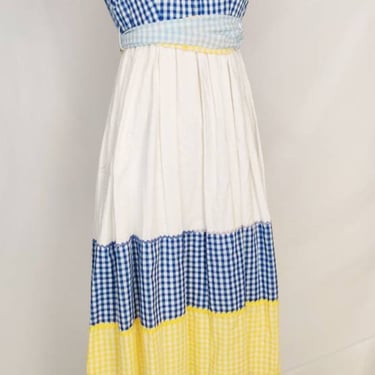 Vintage 70s Gingham Blue, Yellow, and White Maxi Dress // Ruffled A Line with Belt 