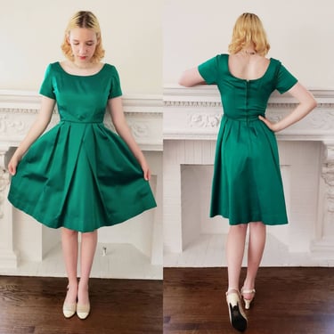 1960s 60s Green Satin Party Dress / 60s 50s Short Sleeved Cocktail Dress Midi Length / S / Lorin 